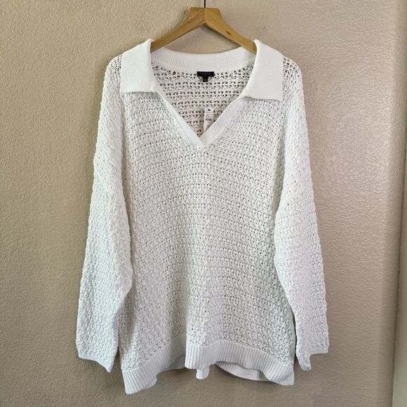 NWT Talbots Sweater Womens Plus 3X Collared Pullover Crochet Open Knit White - Picture 1 of 12